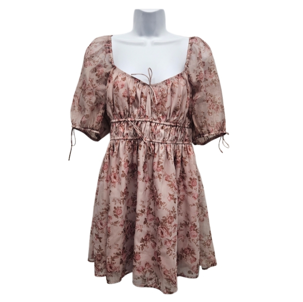 Francesca’s Floral Rose Flowy Mini Dress Blush Pink Tie Sleeve Size Large Spring